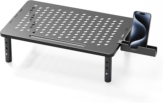Computer Monitor Stand Riser for Desk, 3 Height Adjustable PC Laptop TV Desktop Monitor Stand Shelf, Metal Printer Table with Phone Holder, Stand Riser for Desk, Office Desk Organizers and Accessories, 1 Pack by Canyora
