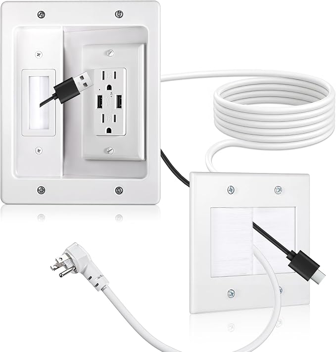 in Wall Cable Management Kit with Brush Wall Plate, AC Outlets & USB Ports | 9.8ft Cord, Recessed Outlet Box, for Walls Mount TV with Cable Management Box, in Walls TV Connection Kit, White by Unknown