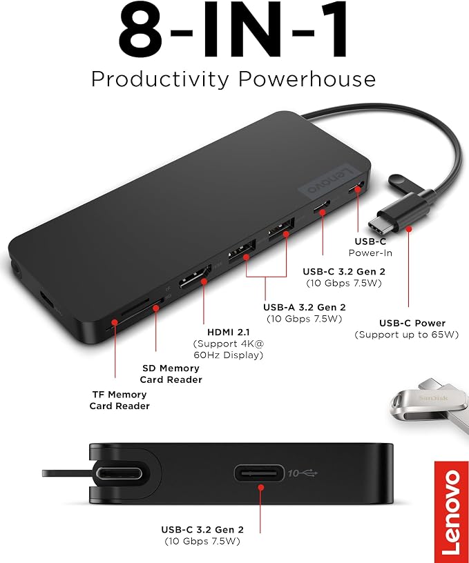 Lenovo USB-C Slim Travel Dock, 8 Ports, Up to 65W PD Pass Through, Integrated USB-C Cable, 4K Display Support, Black - Image 7