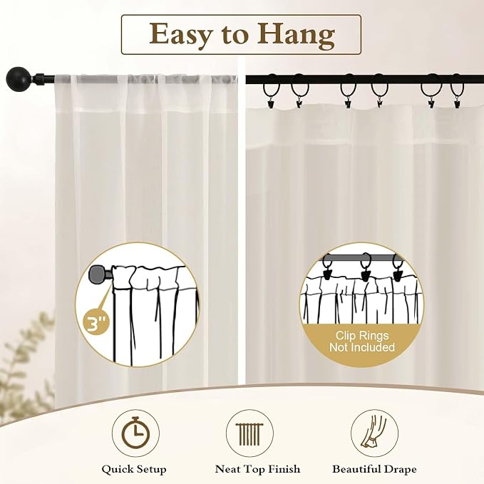 Short Cream Sheer Kithen Cafe Curtains 24 Inch Length 2 Panels Set | Half Curtains for Living Room Bedroom Basement Bathroom Small window, Sheer curtain over sink, Rod Pocket, Each 42"W x 24"L - Image 6
