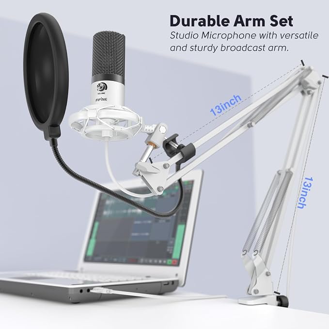 FIFINE T669 White USB Recording Microphone Kit for Vocals, Voice-Over | Studio Condenser Microphone, Metal Boom Arm, 16mm Large Diaphragm, Podcast, Streaming, Music Creation, Singing - Image 5