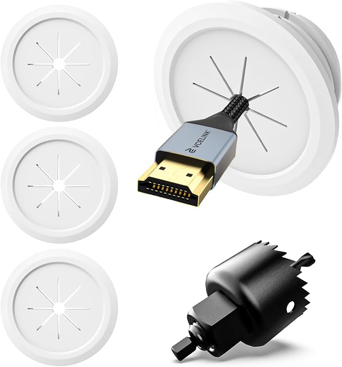 VCELINK TV Cord Hider, Mini White Cable Management Kit, White, 4-Pack | 2.36" Mini White Cable Management Kit | Push Type | Hides TV Wires | 4-Pack Grommets & 1 Hole Saw Drill Bit by VCELINK