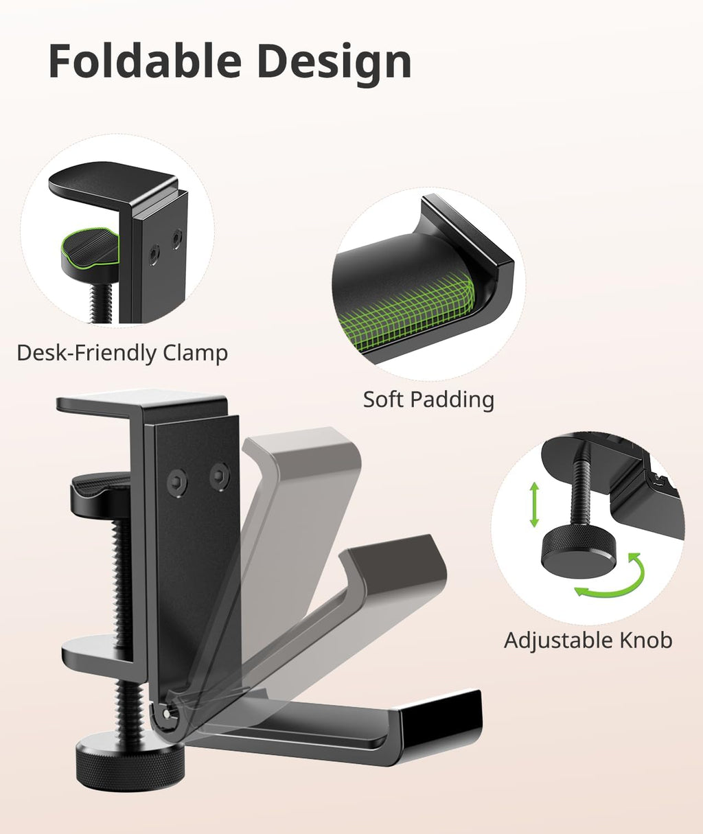 Kimiangel 2 Pack Headphone Stand Under Desk, Foldable Aluminum Headset Holder with Adjustable Screw Clamp, Headphone Hook Mount for Gaming Accessories, Space-Saving Under Table Headset Hanger - Image 3