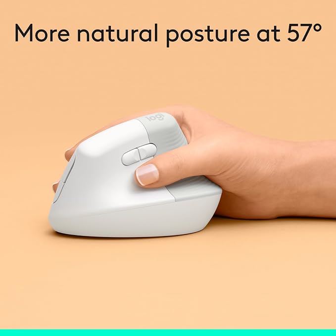 Logitech Lift Vertical Ergonomic Wireless Mouse - Off White | Connect via Bluetooth or included Logi Bolt USB-A receiver, quiet clicks, 4 of 6 buttons customizable, Windows Mac compatible - Image 3