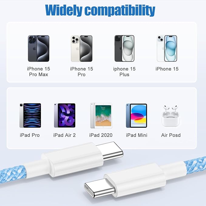 USB C to C Charging Cable 10ft, 60W Fast Type C to C Charger Cord Long for Apple iPhone 17 Pro Max/17 Air/16 Pro Max/15 Plus, MacBook Pro 2021/2020/2019,iPad 12.9/11 inch/Mini/Air 5/4,Samsung Galaxy - Image 6