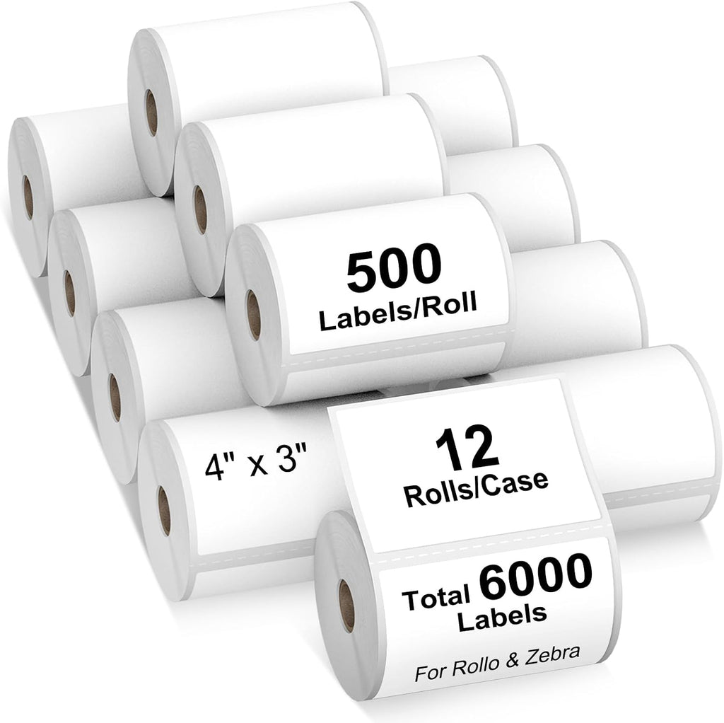 AveneMark 12 Rolls 4" x 3" Direct Thermal Labels for Barcodes Postage Address Shipping Compatible with Rollo & Zebra Desktop Printers Adhesive - 500 Labels/Roll by AveneMark