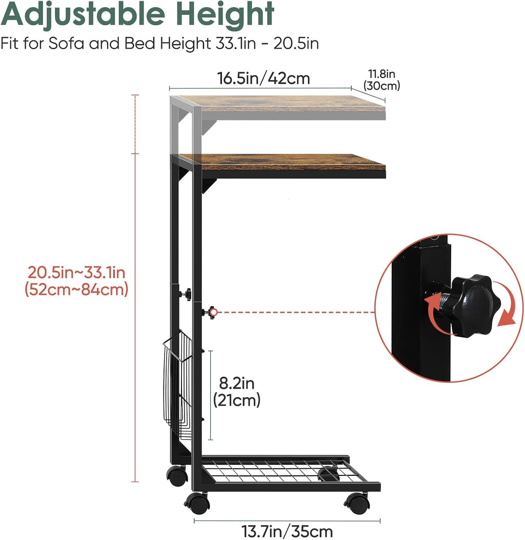 C Shaped Side Table Small End Table with Wheels Slide Under Couch Table for Sofa C Table with Metal Frame Adjustable Height Sofa Table for Living Room Bedroom Small Space, Rustic Brown - Image 2