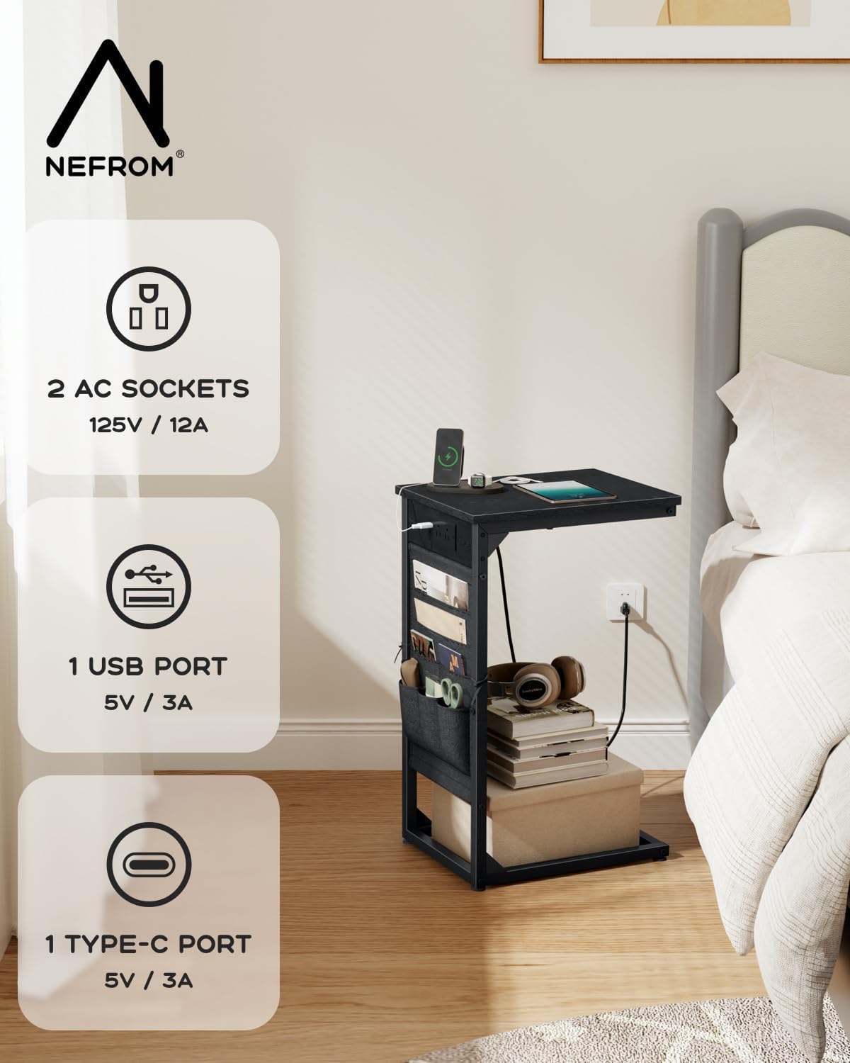 C-Shaped End Tables Set of 2, Small Couch Side Table with Fast-Charging Station, Sofa TV Tray Table with Storage Bag for Living Room, Bedroom, Bedside ET-BK-2 - Image 5