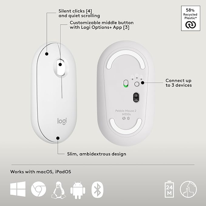 Logitech Pebble 2 Combo Mac Wireless Keyboard and Mouse - Tonal White | Slim, quiet, portable, customizable, Easy-Switch, for iPadOS - Image 7