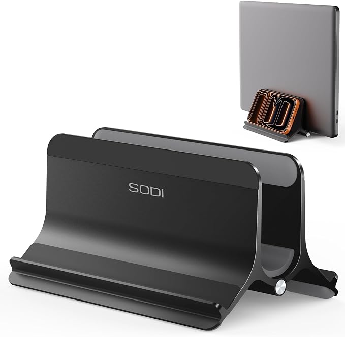 Vertical Laptop Stand Holder for Desk Compatible with MacBook Air, MacBook Pro Stand Vertical Aluminum Up to 17 inch, Gravity Auto-Lock Cooling, 3-in-1 Space Saving Desk Organizer Accessories by SODI