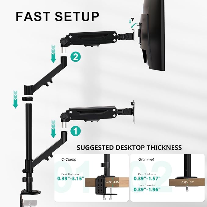 WALI Vertical Dual Monitor Mount for 13-40 inch Screens, up to 26.4 lbs | Stacked Dual Monitor Stand, Full Motion with Tilt, Swivel, Rotation, C-Clamp/Grommet Base, VESA 75/100mm (GSDM002M), Black - Image 7