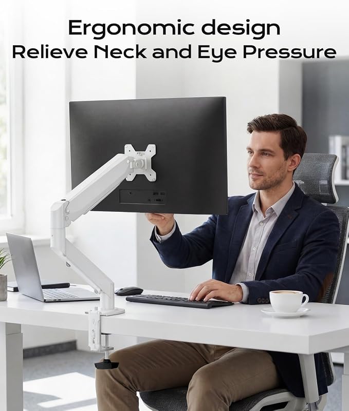 Pholiten Single Monitor Mount for up to 32 inch Screens, VESA 75/100mm | Fully Adjustable Gas Spring Monitor Arm, Computer Monitor Stand for Desk Holds up to 24lb, White - Image 10