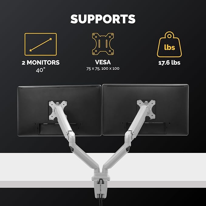 Fellowes Platinum Series Dual Monitor Arm for 40-Inch Monitors, Full Motion, 360° Rotation, VESA Mount with Grommet or Clamp, USB Ports, Ergonomic, Silver, 8056501 - Image 2