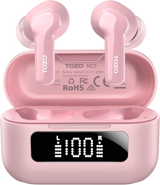 TOZO Hybrid Active Noise Cancelling in Ear Wireless Earbuds, 68H Playtime | 6 Mics AI Clear Calls, LED Display, 32 Preset EQs App, Bluetooth 5.3 Headphones, IPX8 Waterproof, Comfort Fit Ear Buds Pink by TOZO