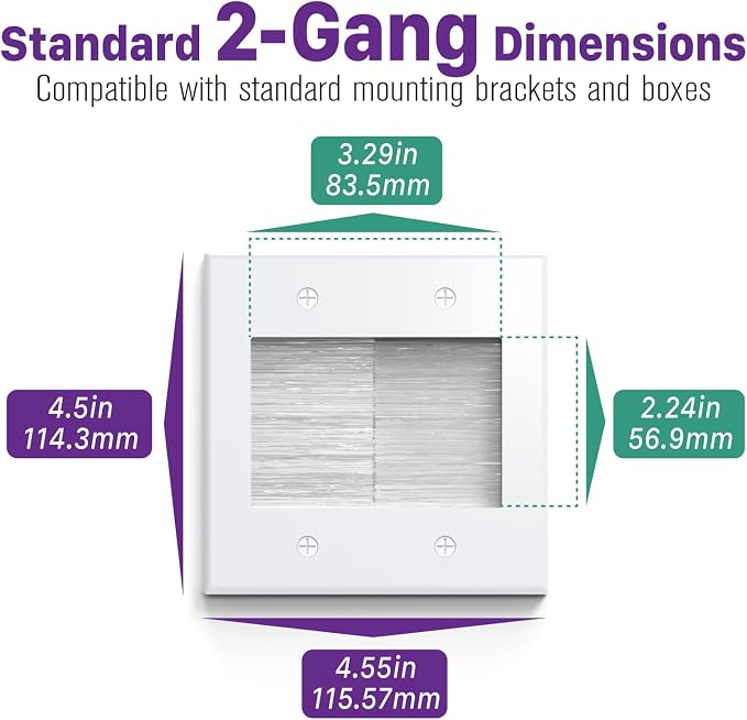 Fosmon 2-Gang Brush Wall Plate Double Gang Cable Management Kit, White | Wire Cord Hider and Faceplate Pass Through for Wall Mounted TV, Coaxial, HDMI, Ethernet Speaker Low Voltage Power Cords Wire - Image 2
