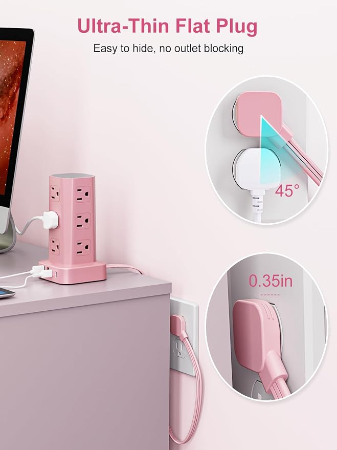 Power Strip Tower Surge Protector, 6FT Flat Plug Extension Cord with Multiple Outlets, 12 AC Outlets 4 USB (2 USB C), Desktop Charging Station with Surge Protection for Home Office Dorm Room, Pink - Image 3