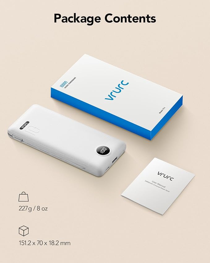 VRURC Portable Charger, Power Bank Built-in Cables and AC Wall Plug | USB C Power Bank 10000mAh Travel Essentials Phone Charger Compact External Battery Pack For Smart Phones, Tablets etc-White - Image 6