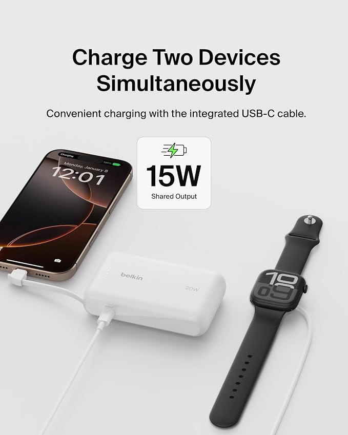 Belkin 10000mAh 20W USB C Power Bank, Portable Charger for iPhone & iPad | Fast Charging, Integrated USB C Cable, Eatra USB C Port, iPhone 17, iPad, Samsung Galaxy S26, Charge 2 Devices - Image 6