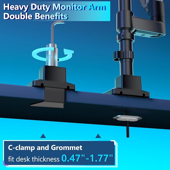 WALI Vertical Dual Monitor Arm for 13-49 inch Curved Screens, up to 44 lbs | Heavy Duty Stacked Ultrawide Monitor Arm, Full Motion with Tilt, Swivel, Rotation, C-Clamp & Grommet Base, VESA 75/100mm - Image 5