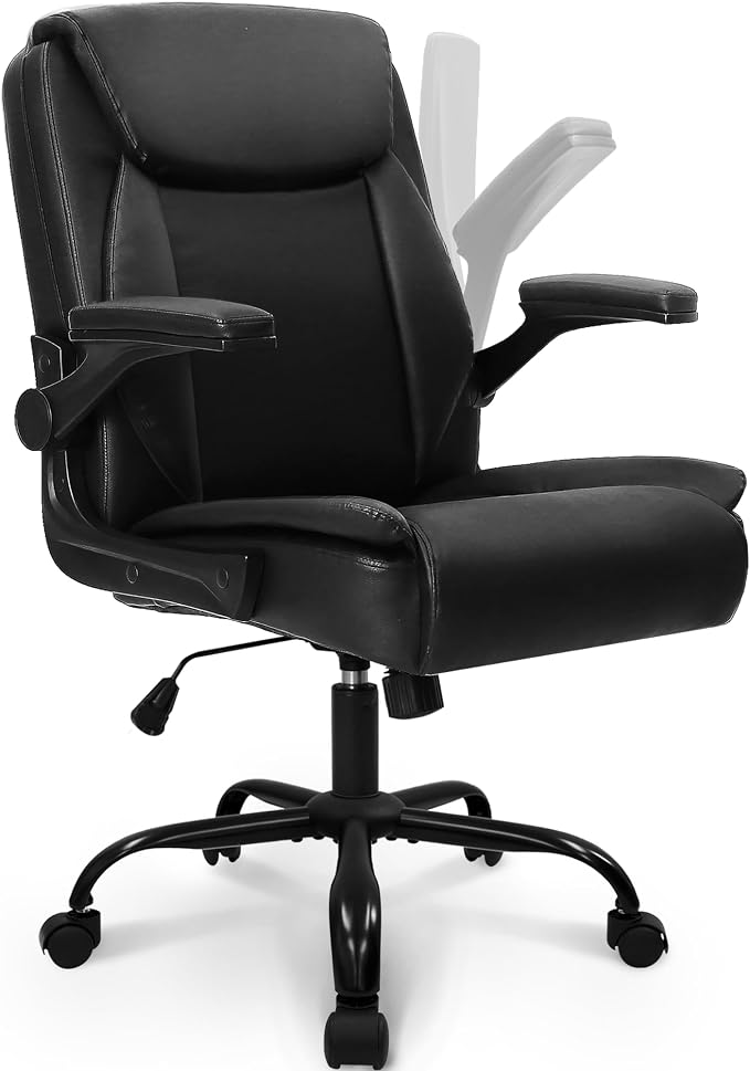 NEO CHAIR PU Leather Office Desk Chair with Adjustable Arms, All Black | Ergonomic Mid Back Computer Desk Chair Comfy with Wheels Swivel Rolling for Home Office Gaming Study by NEOCHAIR
