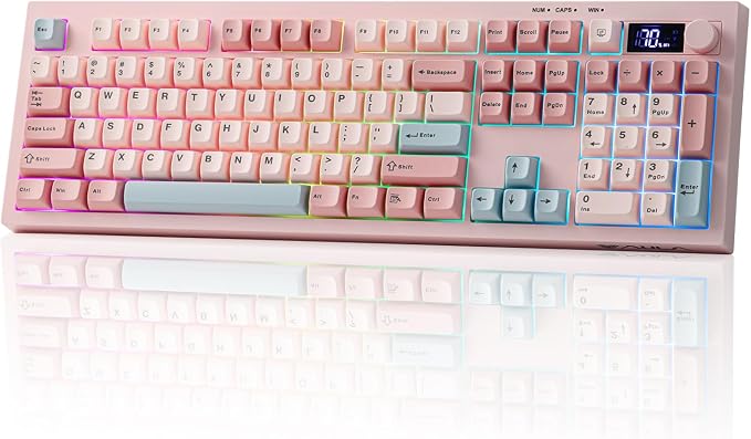 EPOMAKER Aula S102 PRO Membrane Gaming Keyboard w/TFT Screen & Volume Knob | Silent Keyboard w/ Number Pad for PC Game/Office, BT/2.4G/USB, RGB Backlit, Creamy Silicone Structure (Pink) by EPOMAKER