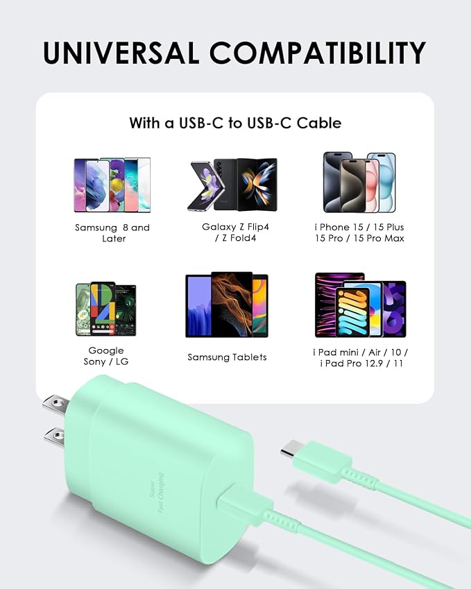 AISNI USB C Charger, 2 Pack 25W Type C Charger Fast Charging with USBC Chargers Cable 6 FT Android Phone Charge for Galaxy S25/ /S24/S23+/S22/S21/S20/Phone 17 16 15 Pro Max 16 15 Plus-Green - Image 5
