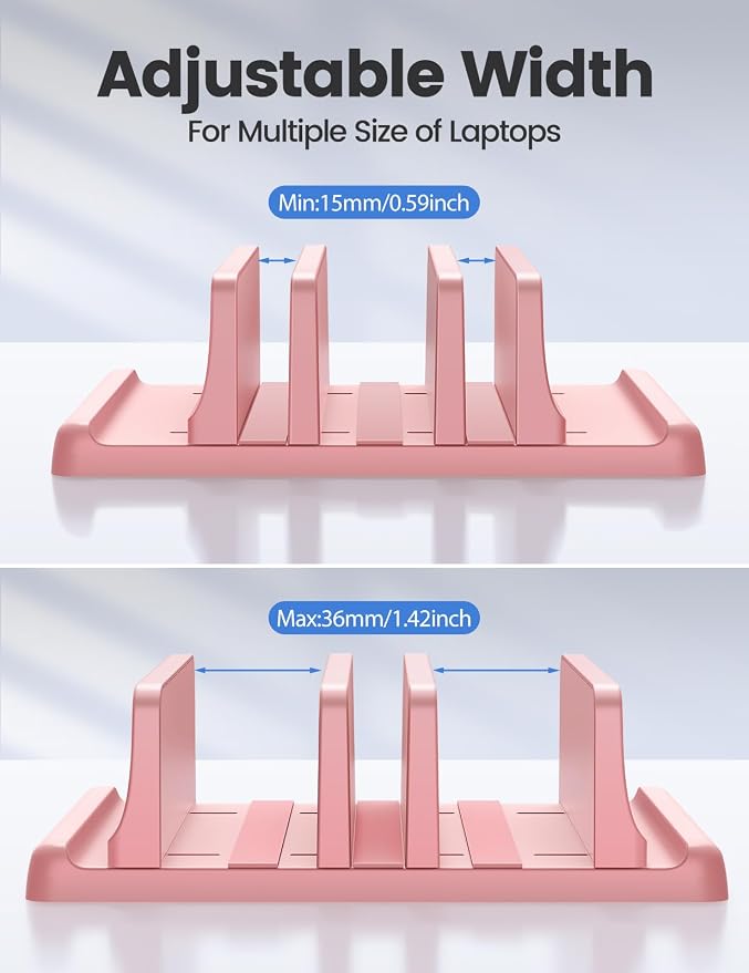Vaydeer 3-Slot Vertical Laptop Stand Made of Premium ABS Plastics 5 in 1 Design Space-Saving Adjustable Desk Organizer for All MacBook/Chromebook/Surface (Pink) - Image 8