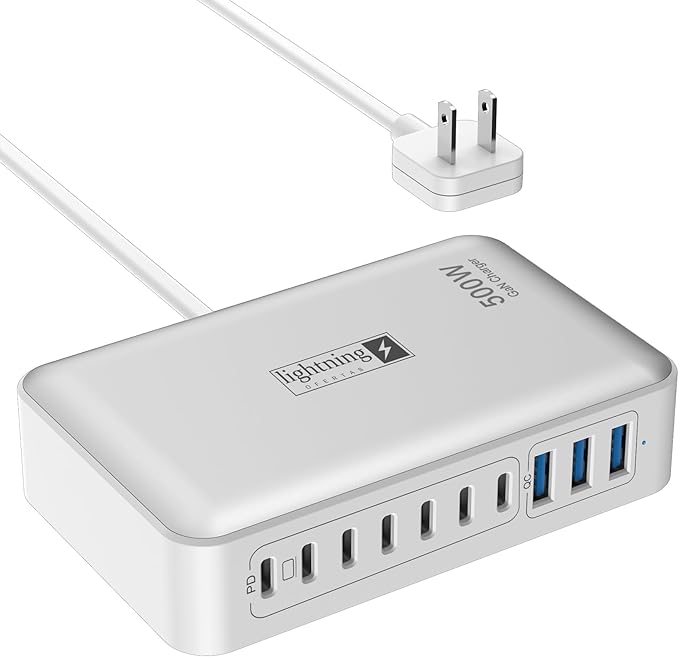 Charging Station for Multiple Devices 500W, 10 Ports Charging Blocks for Laptops/Tablets/Cellphones, 140W Max GaN Charger Super Fast Charging for MacBook, Ipad, iPhone, Power Adapter for Travel by lightningofertas