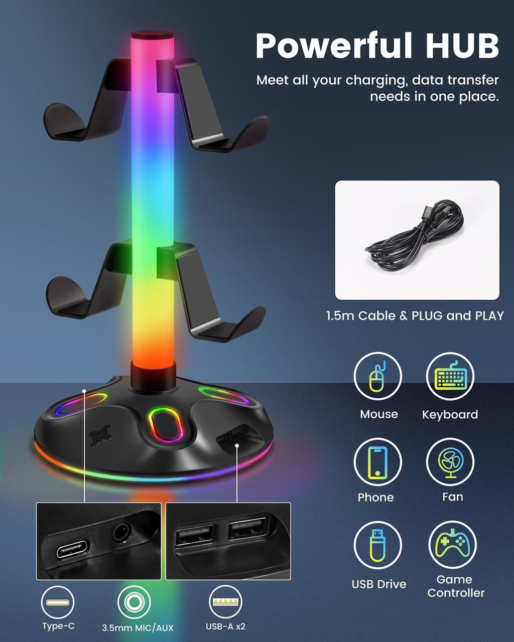 RGB Headphone Stand for Desk, Innovative Headset Stand with 9 Light Modes - Controller Holder with USB Charging and Type-c Port, Gamepad Earphone Accessories (Black) - Image 4