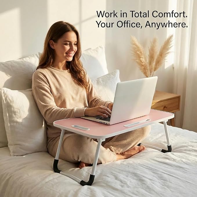 BUYIFY 23" Foldable Lap Desk for Laptop Writing w/Cup Holder Pink | Sturdy and Durable, Laptop Bed Desk with Tablet Slot, No Assembly, Space Saving for Bed Couch Dorm WFH Students - Image 5