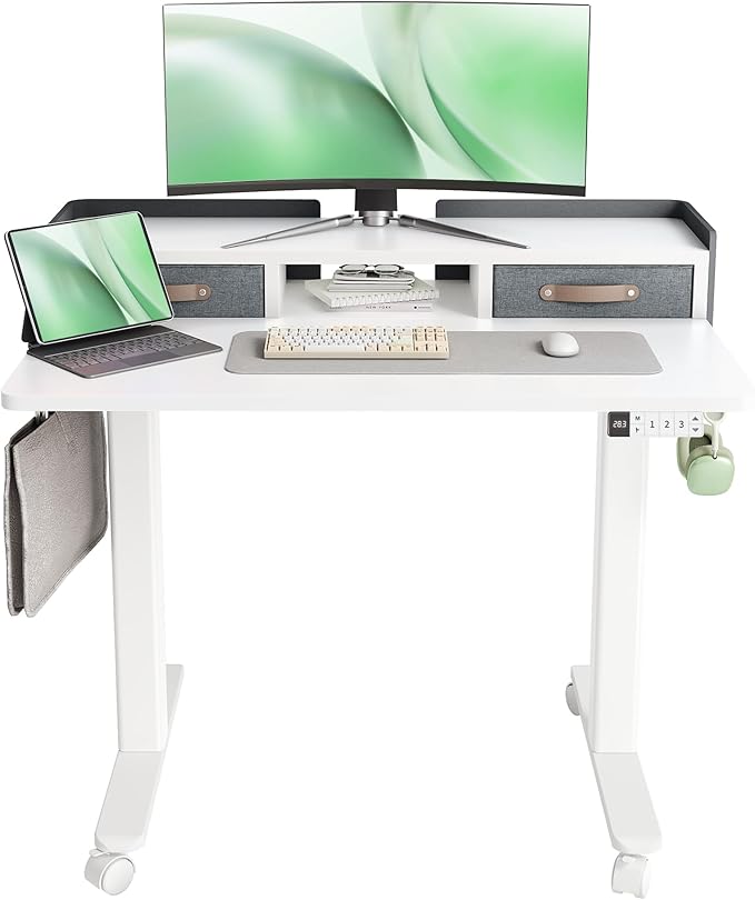 Claiks Standing Desk with Drawers, Adjustable Stand Up Electric Small Standing Desk Adjustable Height with Storage Shelf and Splice Board, 40 Inch, White by CLAIKS