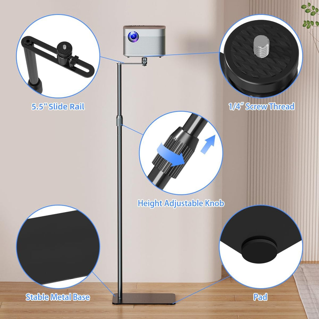 suptek 63.9” Extendable Projector Stand Against Wall Hidden Stand, 360°Swivel, Height Adjustable, Mini Projector Mount Bracket, Compatible with Home Office Video Vlog DVR Camera, PR001FPL - Image 6