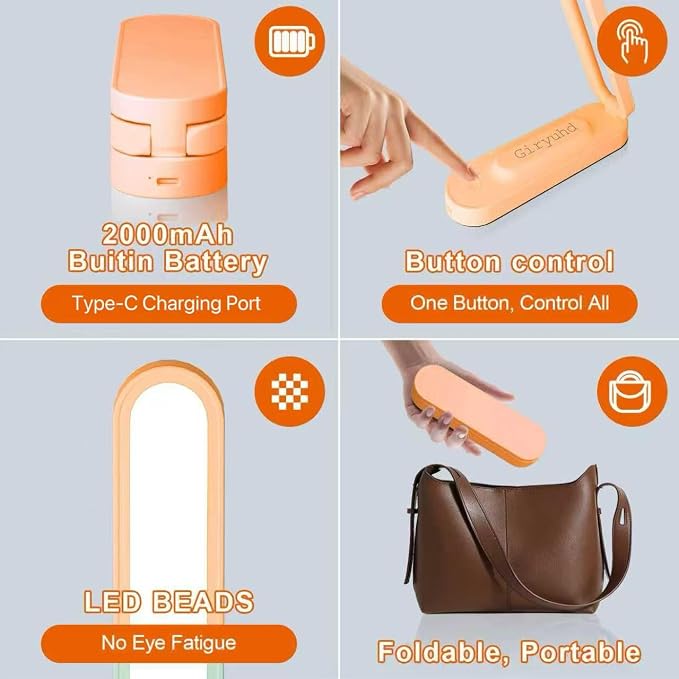 Giryuhd LED Desk Lamp for Office Home & Battery Operated Lamp Rechargeable Lamp Foldable & Portable Light, LED Desk Light Strip, 3 Brightness Dimmable Small Desk Lamp Reading Lamp (Orange) - Image 6
