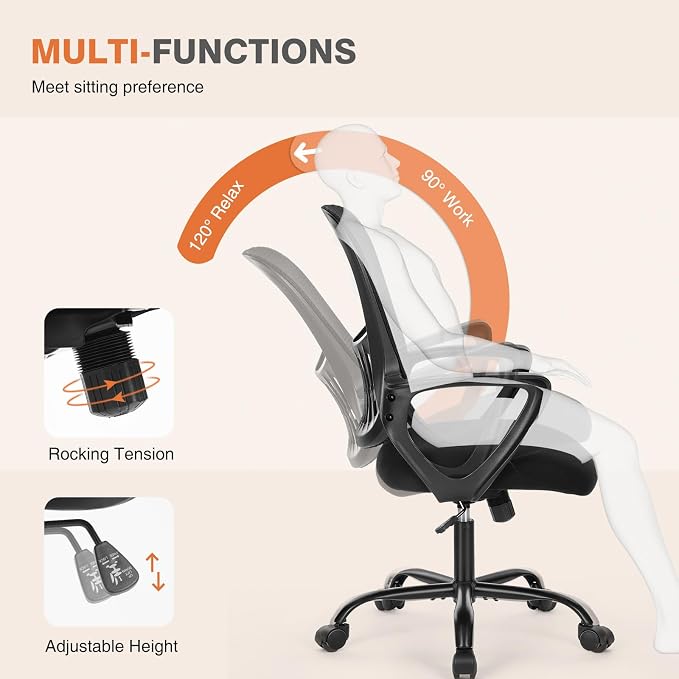 Sweetcrispy Home Office Managerial Executive Chair with Ergonomic Design | Mid-Back Mesh 360° Swivel, Comfortable Lumbar Support, Comfy Arms for Bedroom,Study,Student, Black - Image 4