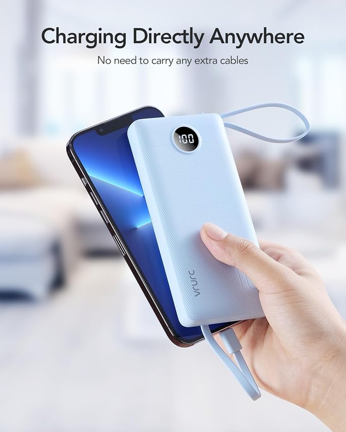 VRURC Portable Charger Power Bank, Built-in 4 Cables & 2 Ports 10000mAh | LED Display Slim Battery Pack,Compact Travel Essential Portable Phone Charger 5 Output for Multi Devices,Student/Teens(1Pack) - Image 7