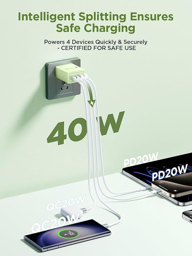 USB C Charger Block, 40W 4-Port Fast Charger 20W Type C Charging Block 3.1A USB Wall Charger Dual Port PD+QC Charging Cube for iPhone 17 16 15 14 13 12 Pro Max XS, iPad, Samsung Phone (Green) - Image 2