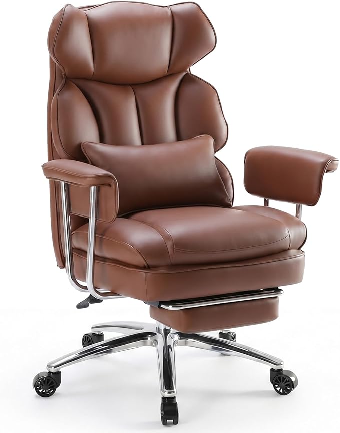 DUMOS Ergonomic Home Office Desk Chair, Executive Chair, PU Leather | Big Tall High Back, Lumbar Support, Reclining Height Adjustable, Computer Gaming, Footrest Swivel Wheels, Brown - Image 3