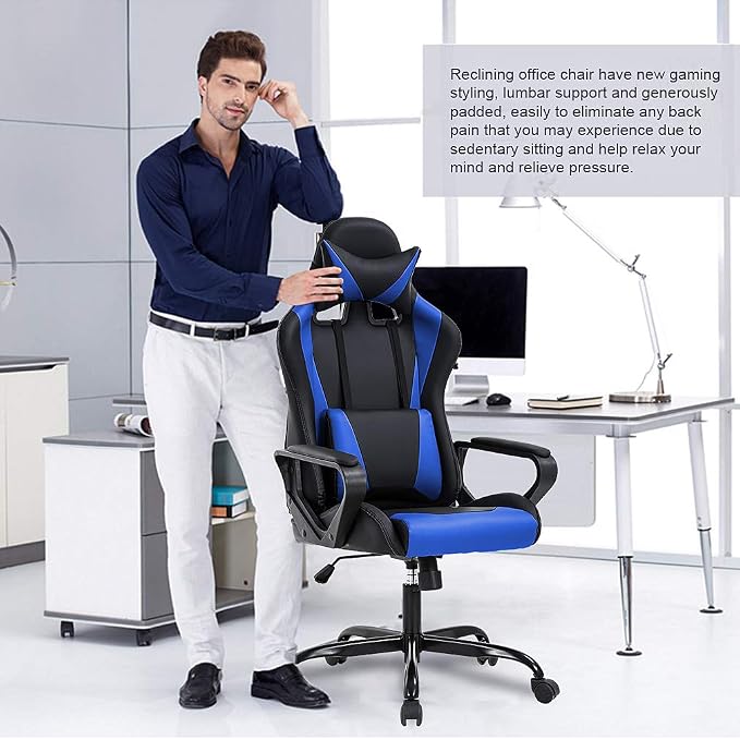 BestOffice Gaming Chair | Blue | Desk Chair with Adjustable Lumbar Support | Headrest Pillow | Ergonomic Racing Style Seat with Recline, Swivel Base & Rolling Wheels | For Gamers, Home, Office - Image 6