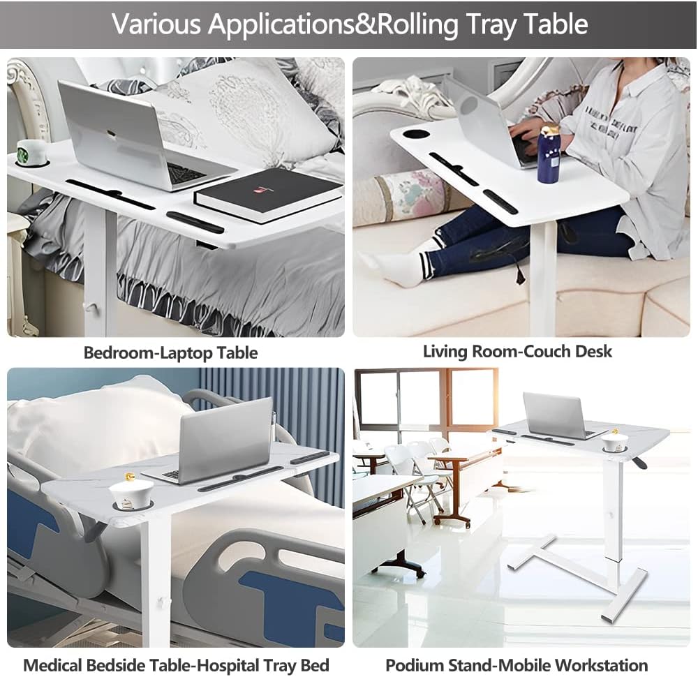 Overbed Table with Wheels & USB,Pneumatic Height Adjustable Bedside Table - Image 7