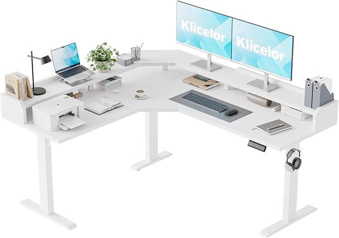 Klicelor L Shaped Electric Standing Desk 63 x 55 inch with Shelf, Height Adjustable Corner Desk, Sit Stand Desk with Storage Shelf, Home Office Computer Table, White by Unknown