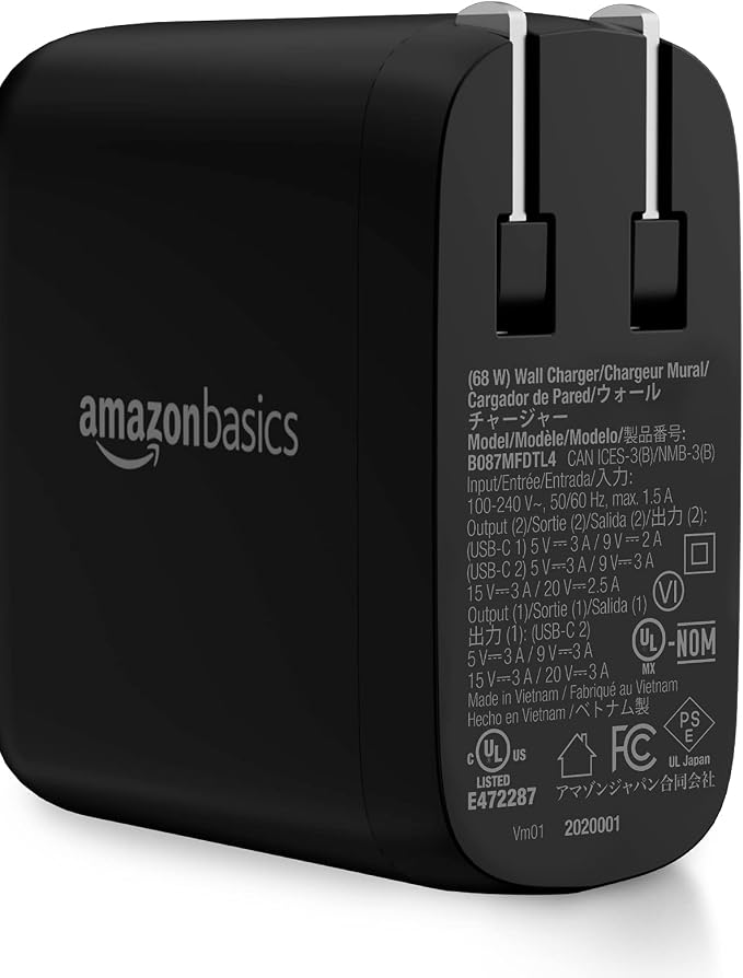 Amazon Basics 68W Two-Port GaN Wall Charger with 2 USB-C Ports (60W, 18W) with PD for Laptops, Tablets & Phones (iPhone 16/15/14/13/12/11/X, iPad, MacPro, Samsung, More), Non-PPS, Black - Image 2