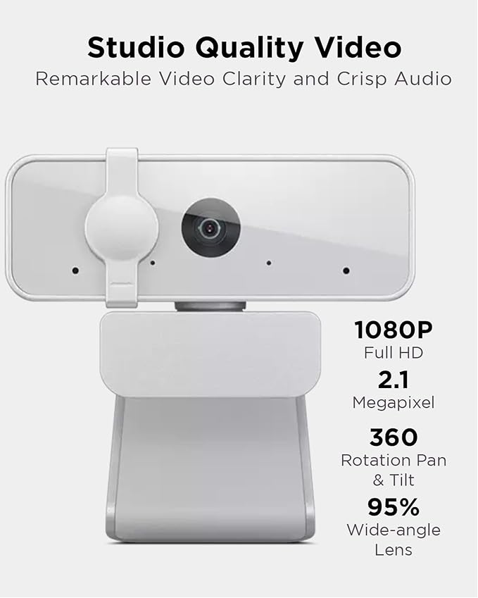 Lenovo HD 1080p Webcam (300 FHD) - Monitor Camera with 95° Wide Angle, 360° Rotation Pan & Tilt, Dual Microphones – Attachable Desktop Cam with Privacy Shutter for Remote Work, Streaming & Gaming - Image 3