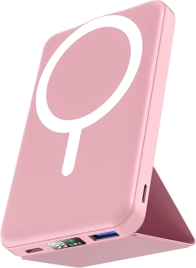 podoru for MagSafe Power Bank 10000 mAh, Foldable Magnetic Portable Charger | 22.5W PD Fast Charging, with USB-C Cable LED Display, Wireless Battery Pack for iPhone 17/16/15/14/13/12 Series-Pink by PodoruPowerBank