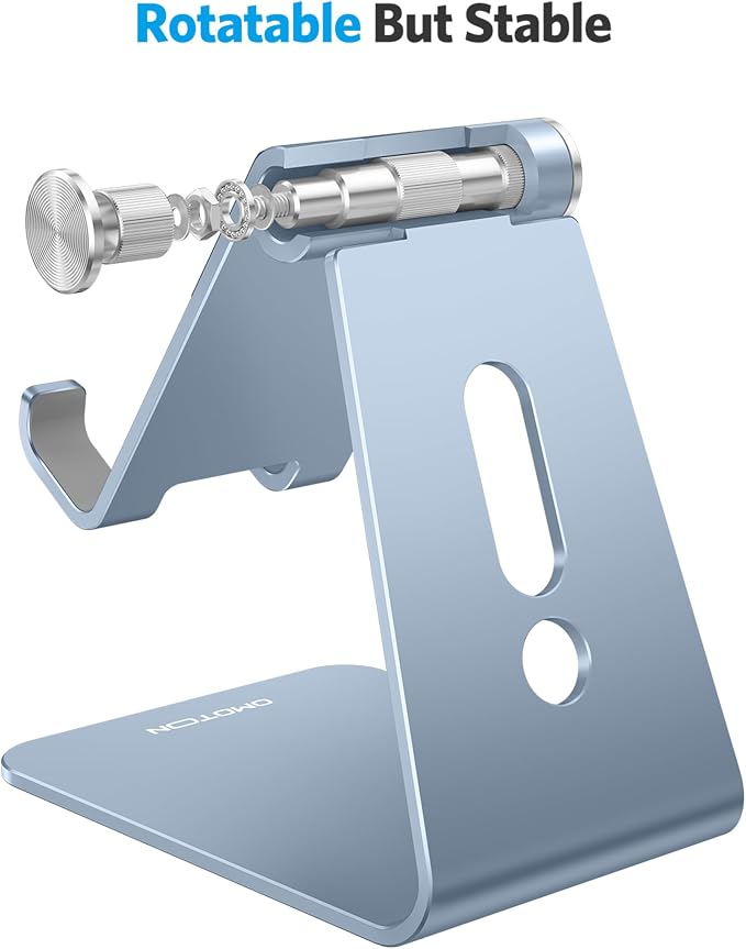OMOTON Adjustable Cell Phone Stand, Aluminum Desktop Cellphone Stand with Anti-Slip Base and Convenient Charging Port, Fits All Smart Phones, Light Blue - Image 7