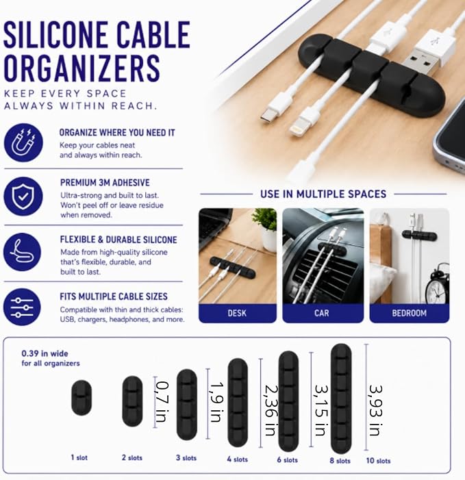 Cable Management Kit for Desk, 34-Piece, Black, Magnetic Organizer, Silicone Clips, Velcro Straps, Sleeve Wrap, Adhesive Cord Holders Office, Home & Gaming Setup cord organizer - Image 5