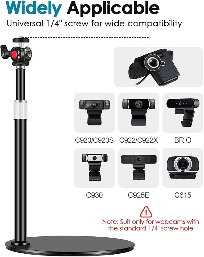 Webcam Tripod Stand for Desk: Webcam Stand for Logitech Brio | C920 | C922 | C615 | C930e - Height & Angle Adjustable Desktop Tripod for Light & 1/4" Thread for Live Streaming | Video Calling - Image 6
