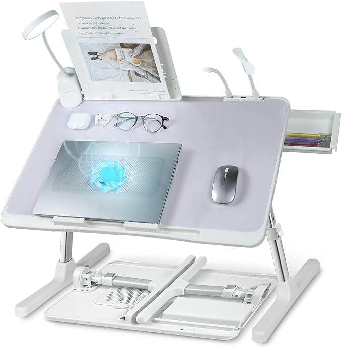 Adjustable Laptop Lap Desk with Cooling Fan USB Light for Adults 56x32cm,Grey by IXTRA