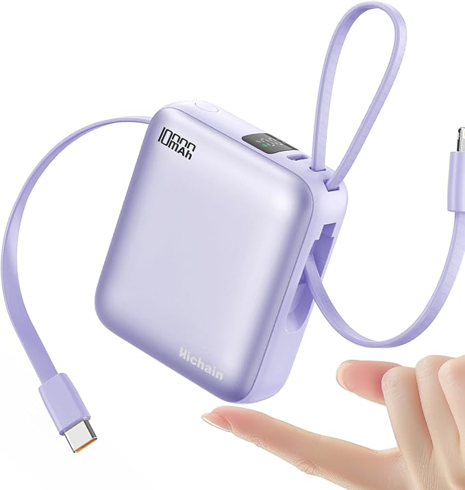 10000mAh Small Portable Charger with Built in Cables LED Display Purple | Mini Power Bank 22.5W USB-C Fast Charging Battery Pack, Travel Essential Power Bank for iPhone, iPad, Samsung, Android by Hichainmakeyourlifebetter