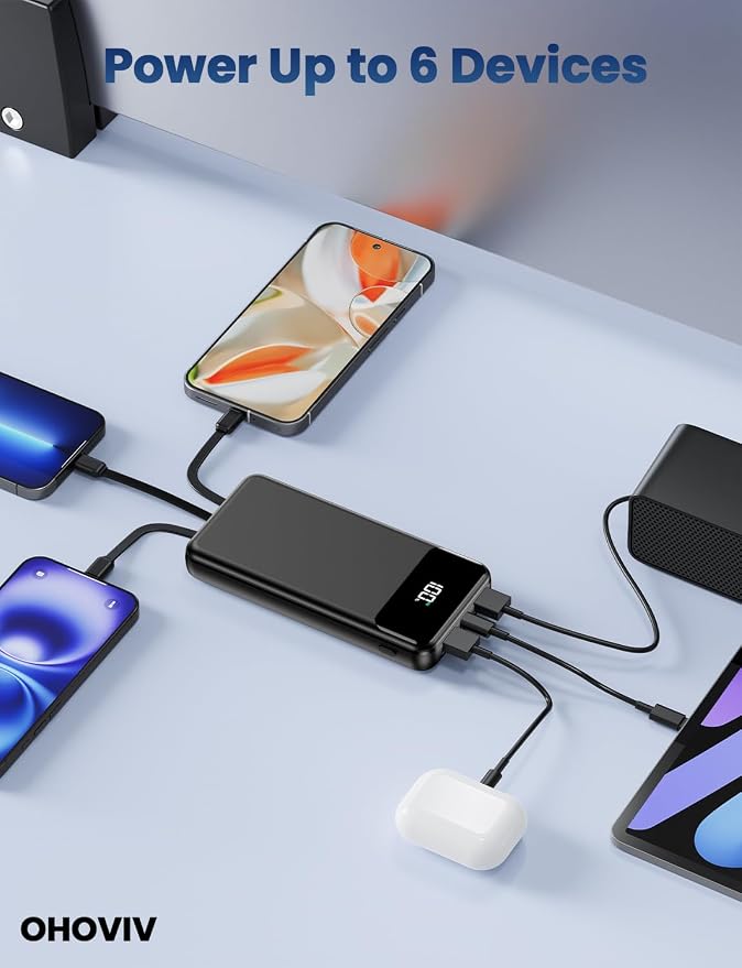 OHOVIV 50000mAh Power Bank, PD22.5W Portable Charger with 4 Built-in Cables | Power 6 Devices at Once,Fast Charging,Travel Camping Must-Have,USB-C Battery Pack for iPhone 17/16/15 Samsung Android,Dark - Image 9