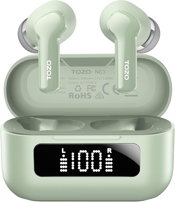 TOZO Hybrid Active Noise Cancelling in Ear Wireless Earbuds, 68H Playtime | 6 Mics AI Clear Calls, LED Display, 32 Preset EQs App, Bluetooth 5.3 Headphones, IPX8 Waterproof, Comfort Fit Ear Buds Green by TOZO
